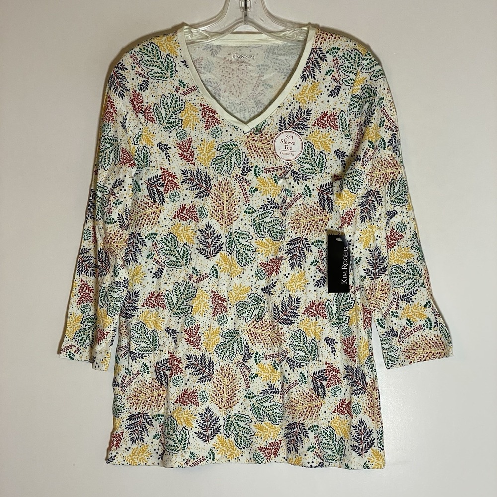 Kim Rogers‎ Top Womens Medium Multicolor Floral Leafy Colorful Boho 3/4 Tee M